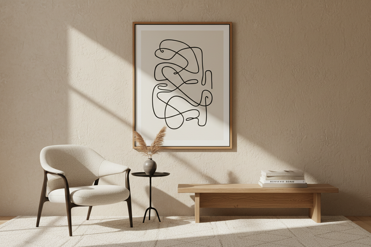 Create a 4K Shopify website banner with a minimalist, elegant interior aesthetic. The scene should feature a beige textured wall, an abstract modern line art poster in a wooden frame, and warm natural lighting. Include neutral tones like beige, tan, and black for a calming and luxurious look. Add a stylish modern armchair and minimal furniture to convey a high-end art and home decor brand theme. Composition should be clean, balanced, and suitable as a website hero banner